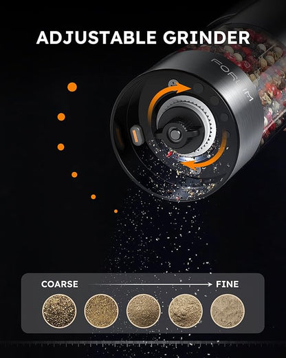 FORLIM Electric Salt and Pepper Grinder Set, USB Rechargeable, Automatic Salt Pepper Mill Grinder with Dust Cover, One-Button Control, Adjustable Coarseness, Warm LED Light (2 Packs, Stainless Steel) - Image 8
