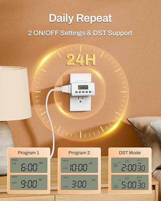 BN-LINK Indoor Digital Timer Outlet,24 Hour Light Timer Easy Programmable,Mini 2 Prong Plug in Timers for Electrical Outlets,Lamps,Fans,2 On/Off Programs,2 Pack,15A/1875W, ETL Listed - Image 2