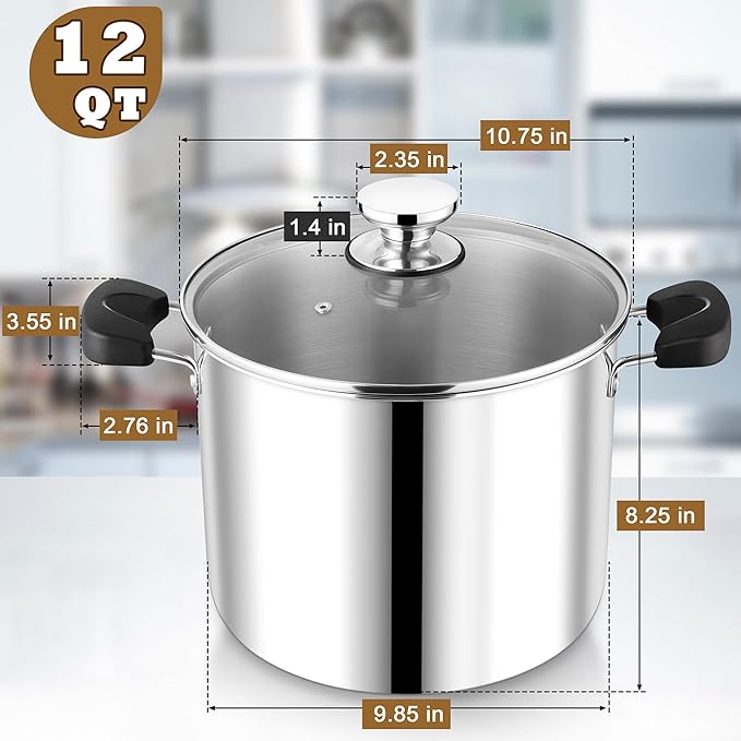 12 Quart 3-Ply Cooking Stock Pot with Lid, P&P CHEF Stainless Steel Large Pot for Pasta Soup, Work on Multi Stove, Heavy Duty & Dishwasher Safe, Dual Heat-resistant Handles & Transparent Glass Lid - Image 2