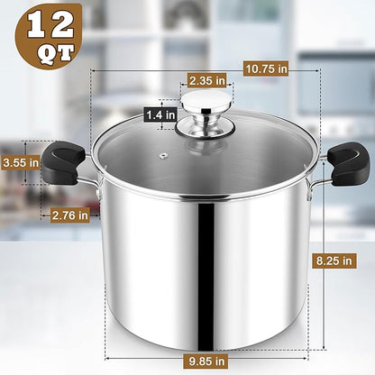 12 Quart 3-Ply Cooking Stock Pot with Lid, P&P CHEF Stainless Steel Large Pot for Pasta Soup, Work on Multi Stove, Heavy Duty & Dishwasher Safe, Dual Heat-resistant Handles & Transparent Glass Lid - Image 2