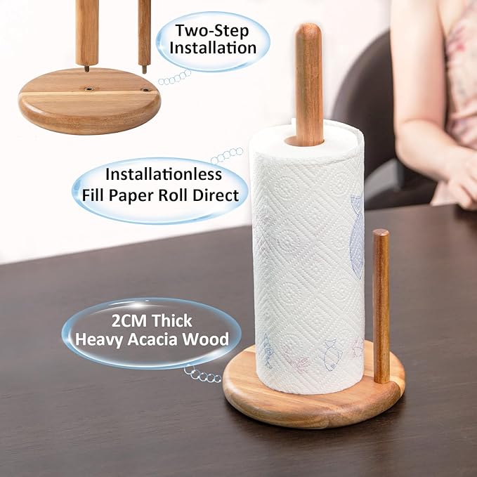 14" Acacia Wooden Paper Towel Holder, 6.7" Large Heavy Base Wooden Kitchen Towel Roll Stand Organizer Free Standing, Rustic Farmhouse Paper Towel Holder Stand, Standing Paper Towel Roll Holders Wood