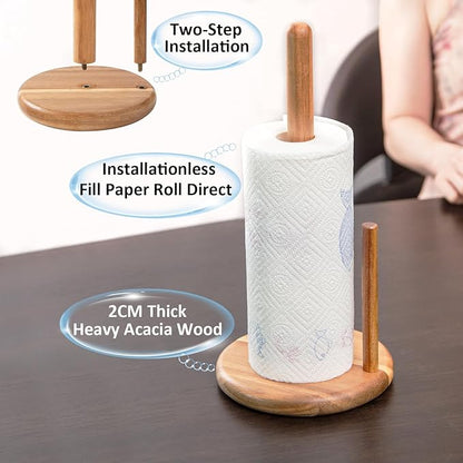 14" Acacia Wooden Paper Towel Holder, 6.7" Large Heavy Base Wooden Kitchen Towel Roll Stand Organizer Free Standing, Rustic Farmhouse Paper Towel Holder Stand, Standing Paper Towel Roll Holders Wood