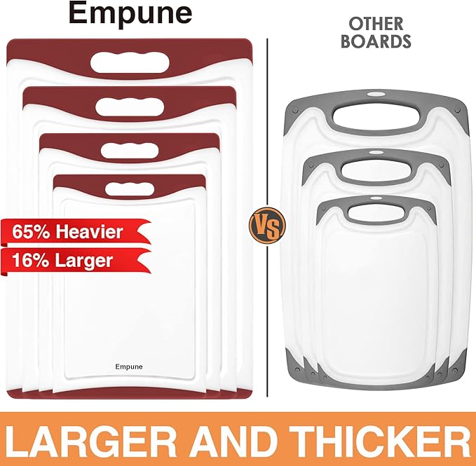 Empune Extra Large Cutting Boards, Plastic Cutting Boards for Kitchen (Set of 4) Cutting Board Set Dishwasher Safe Chopping Board with Juice Grooves Easy-Grip Handles, Red - Image 2