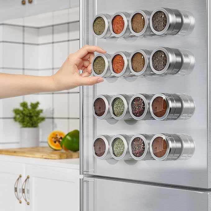 Vetacsion Set of 16 Magnetic Spice Tins with 4 Metal Wall-Plates,100 Preprinted Seasoning Label Stickers,2 Styles for 3 oz Herb Jars - Image 8