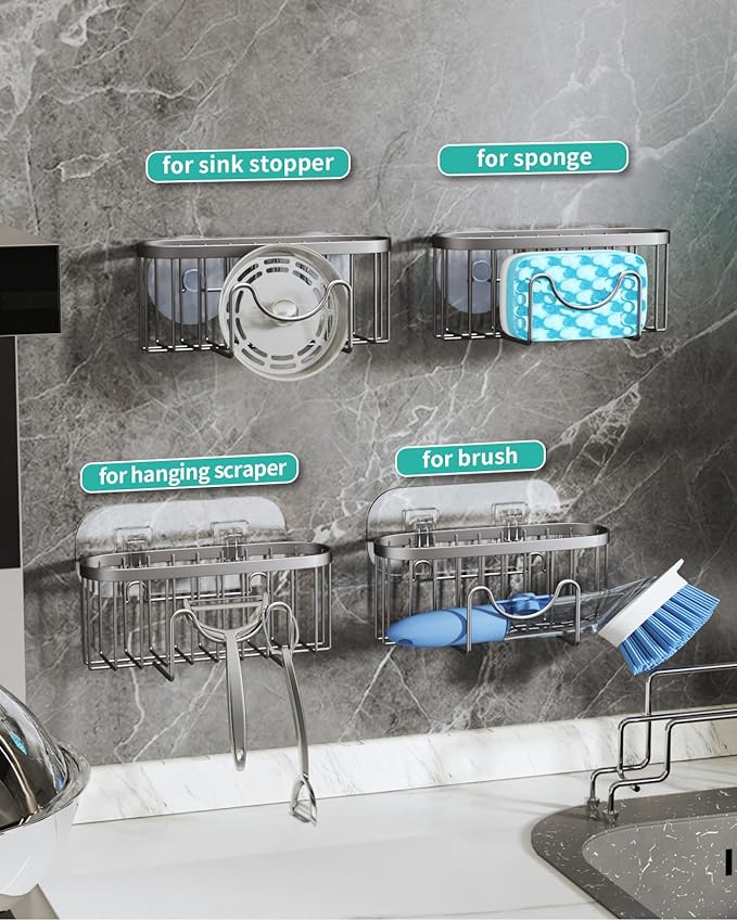 HapiRm Kitchen Sponge Holder for Sink - 2 Installation Methods Kitchen Sink Caddy Organizer with Unique M-Shaped, Rustproof Stainless Steel Sponge Caddy - Brushed Nickel (Large) - Image 2