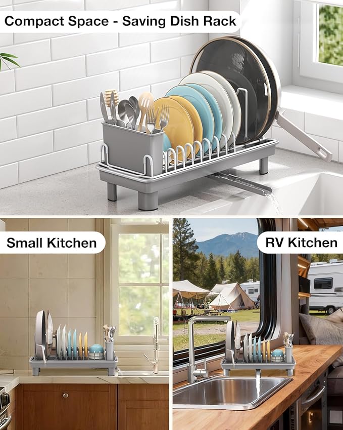 Dish Rack, Carbon Steel Small Dish Drying Rack Rustproof for Kitchen Counter, Compact Space-Saving Dish Drainer with Adjustable Slots for Small Kitchens & Apartments, 16.5×6.5×7inch, Grey - Image 7