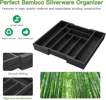 Pipishell Bamboo Expandable Drawer Organizer for Utensils Holder, Adjustable Cutlery Tray, Wood Drawer Dividers Organizer for Silverware, Flatware, Knives in Kitchen, Bedroom, Living Room (Black) - Image 3