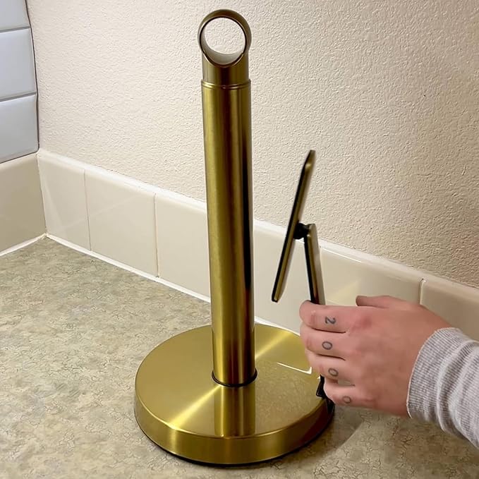 theaoo Heavy-Duty Stainless Steel Paper Towel Holder with Tension Arm – Easy One-Handed Tear, Modern Standing Countertop Dispenser for Kitchen, Holds All Paper Towel Rolls (1, Gold) - Image 6
