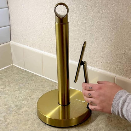 theaoo Heavy-Duty Stainless Steel Paper Towel Holder with Tension Arm – Easy One-Handed Tear, Modern Standing Countertop Dispenser for Kitchen, Holds All Paper Towel Rolls (1, Gold) - Image 6