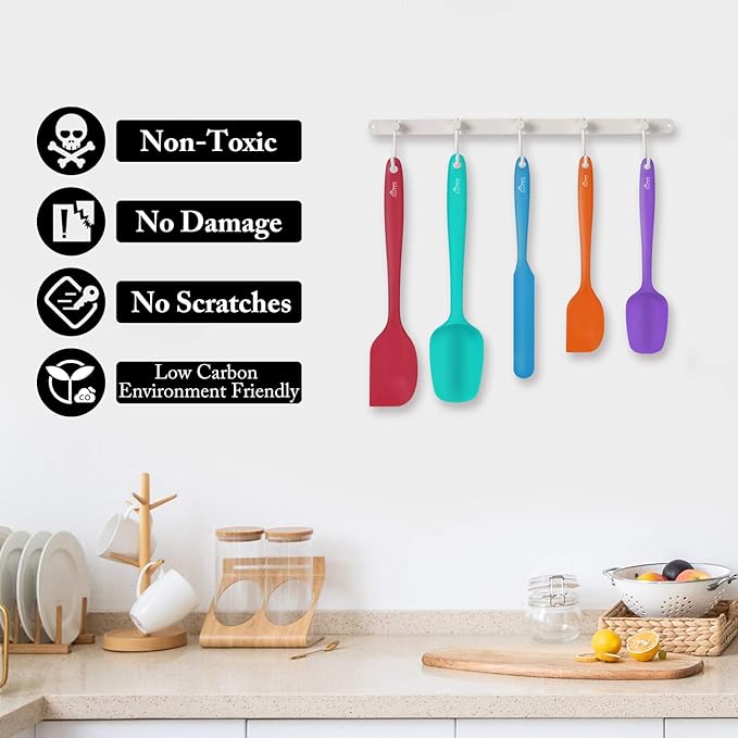 HOTEC Heat Resistant 600℉ Food Grade Silicone Rubber Spatula Set for Baking, Cooking, and Mixing Non Stick Dishwasher Safe BPA-Free Multicolor Set of 5 - Image 5