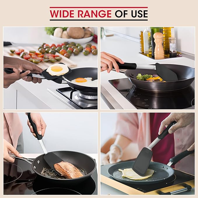 Unicook 2 Pack Flexible Silicone Spatula, Turner, 600F Heat Resistant, Ideal for Flipping Eggs, Burgers, Crepes and More, Black - Image 3