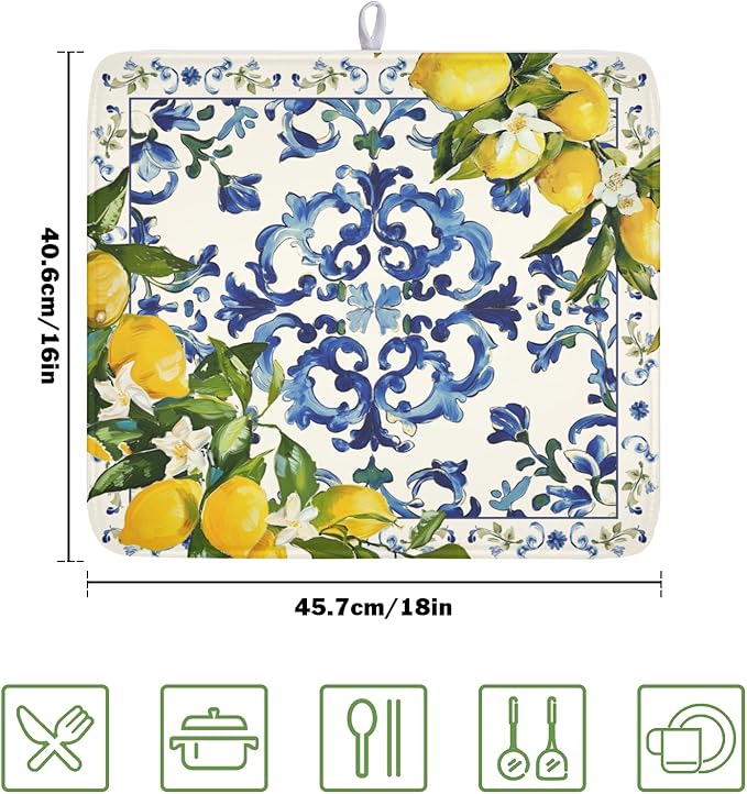 Lemon Dish Drying Mat 18x16 Inch, Blue Tiles Drying Mat with Absorbent Reversible Microfiber, Italian Olive Tree Dish Drainer Mats Summer Rack Pad for Coffee Countertop Kitchen Protector
