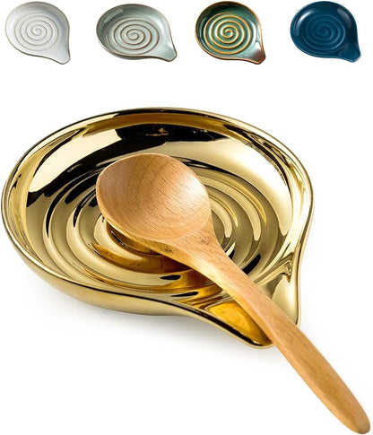 LAUCHUH Spoon Rest for Stove Top, Ceramic Spoon Holder for Kitchen Countertop Large Cooking Utensil Rest for Mother's Day, Spatula, Spoons, Tong, Ladle, Fork, Heat-Resistant, 5 inch, Gold