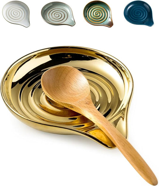LAUCHUH Spoon Rest for Stove Top, Ceramic Spoon Holder for Kitchen Countertop Large Cooking Utensil Rest for Mother's Day, Spatula, Spoons, Tong, Ladle, Fork, Heat-Resistant, 5 inch, Gold