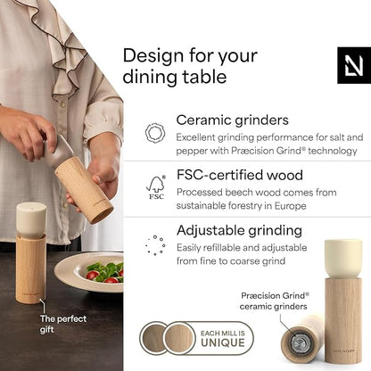 LARS NYSØM Wooden Salt and Pepper Grinder Set Manual with Tray - Salt and Pepper Mills with Adjustable Ceramic Grinder - Elegant Beechwood Pepper and Salt Mill Set for Dining Table (Almond Beige)
