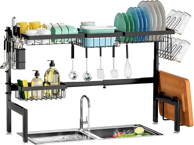 Over The Sink Dish Drying Rack,Expandable 2-Tier Stainless Steel Over The Sink Dish Rack with Utensil Holder Dish Drainers for Kitchen Counter by HOWDIA