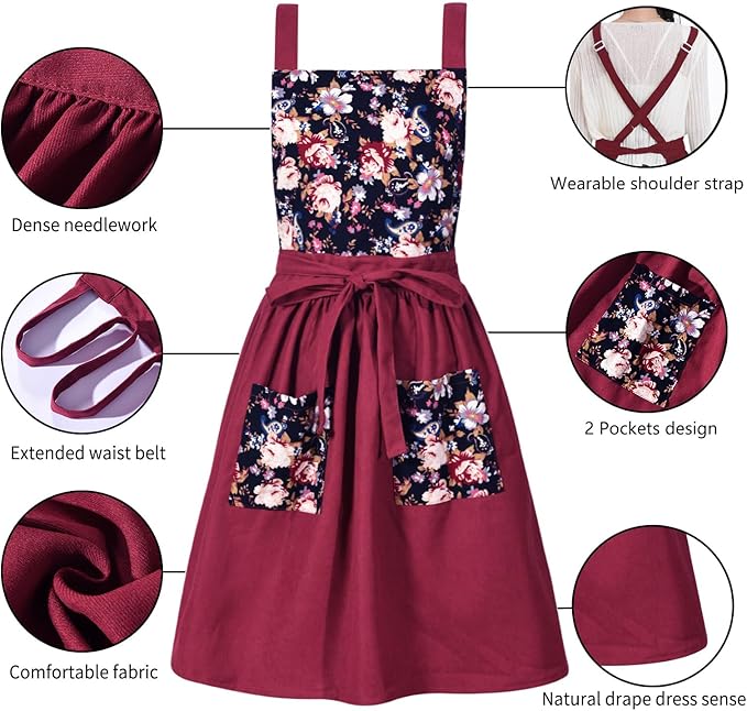 Pinknoke Vintage Pinafore Apron Dress for Women with Pockets Cute Floral Chef Aprons for Kitchen Cooking Baking Gardening - Image 6