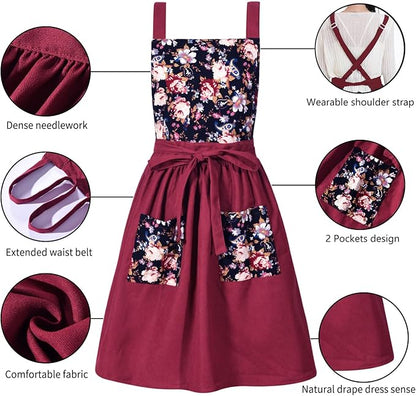 Pinknoke Vintage Pinafore Apron Dress for Women with Pockets Cute Floral Chef Aprons for Kitchen Cooking Baking Gardening - Image 6