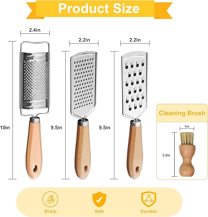 Handheld Cheese Graters with Cleaning Brush Stainless Steel Vegetable Grater with Wood Handle Multifunctional Kitchen Food Shredder for Chocolate Butter Nuts Ginger (Wooden Handle) By beardo decor - Image 2