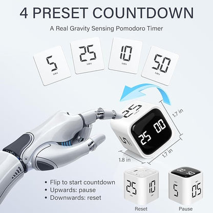 Rotating Pomodoro Timer 5, 25, 10 50 Minutes Preset, Desk Productivity Flip Timer, Cube Countdown Stopwatch for ADHD, Vibration/High/Low Volume, for Work, Study, Back to School, Kitchen, 2 White - Image 2