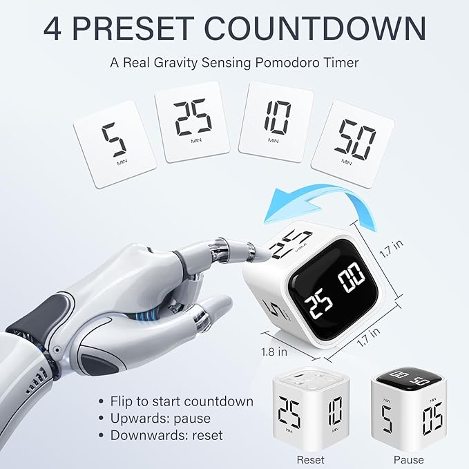 Rotating Pomodoro Timer 5, 25, 10 50 Minutes Preset, Desk Productivity Flip Timer, ADHD Tool Cube Countdown Stopwatch, Vibration/High/Low Volume/Custom Modes, for Work, Study, Back to School, White - Image 2
