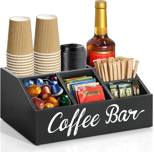 Coffee Station Organizer for Countertop, Wood Coffee Bar Organizer for Farmhouse Coffee Bar Decor, Tea Condiment Storage Organizer, Coffee Pod Holder and Coffee Bar Accessories by CusUnik