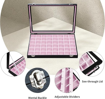 Stratalife Jewelry Organizer 48 Grid Jewelry Tray with Clear Lid Dust-proof Velvet Earring Organizer Necklace Rings Holder Display Drawer Storage Case for Women Pink Black