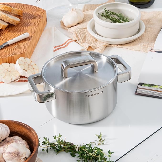 316 Stainless Steel 1.9 Quart Durable Sauce Pot with Lid Casserole, 5Ply, Induction Cookware, Dishwasher Safe, Cool-Touch Silicone Handle