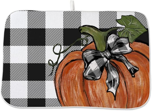 Fall Dish Drying Mat 18 x 24 Inch Thanksgiving Buffalo Plaid Pumpkin Drying Mat for Kitchen Counter Absorbent Farmhouse Autumn Orange Pumpkin Dishes Dry Pad for Drainer Rack Kitchen Fast Dry