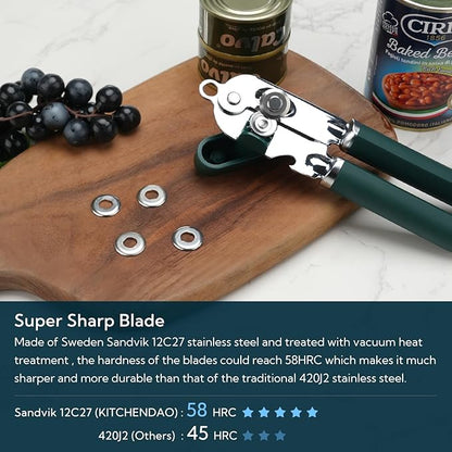 KITCHENDAO Manual Can Opener, Super Sharp Sandvik 12C27 Blade, Handheld Can Opener with Magnet, Smooth Edge Cut, Soft Grip, Oversized Knob for Seniors & Arthritis, Easy to Use, Green