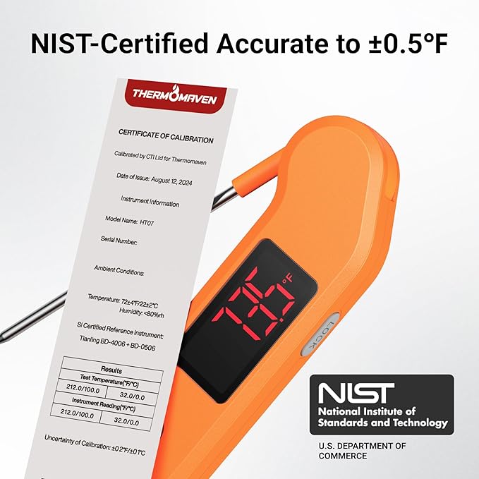 Professional Digital Meat Thermometer, 1 Sec Instant Read, ±0.5℉ Accuracy NIST&NSF Certified Food Thermometer, Auto-Rotate Bright LED Screen, Waterproof Cooking Thermometer for Grill BBQ, Orange - Image 3
