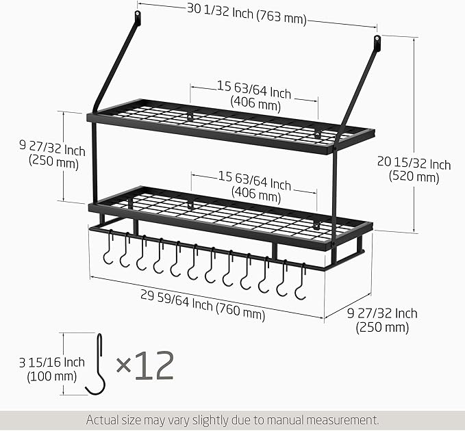 KES 30-Inch Kitchen Pot Rack - Mounted Hanging Rack for Kitchen Storage and Organization - Matte Black 2-Tier Wall Shelf with Guard Rail for Pots and Pans Organizer with 12 Hooks - KUR215S75B-BK - Image 6