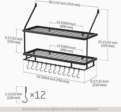 KES 30-Inch Kitchen Pot Rack - Mounted Hanging Rack for Kitchen Storage and Organization - Matte Black 2-Tier Wall Shelf with Guard Rail for Pots and Pans Organizer with 12 Hooks - KUR215S75B-BK - Image 6