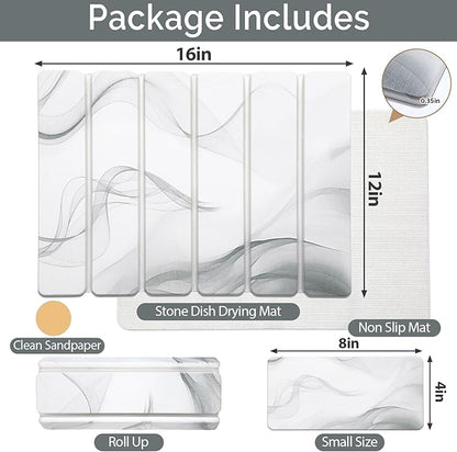 Small Stone Dish Drying Mat for Kitchen Counter, 2 PCS 16"×12" & 8"x4" Quick Dry Stone Mats, Foldable Water Absorbing Diatomaceous Earth Drying Dish Pad for Countertop Bottle Utensil Cup(White Gray) - Image 2