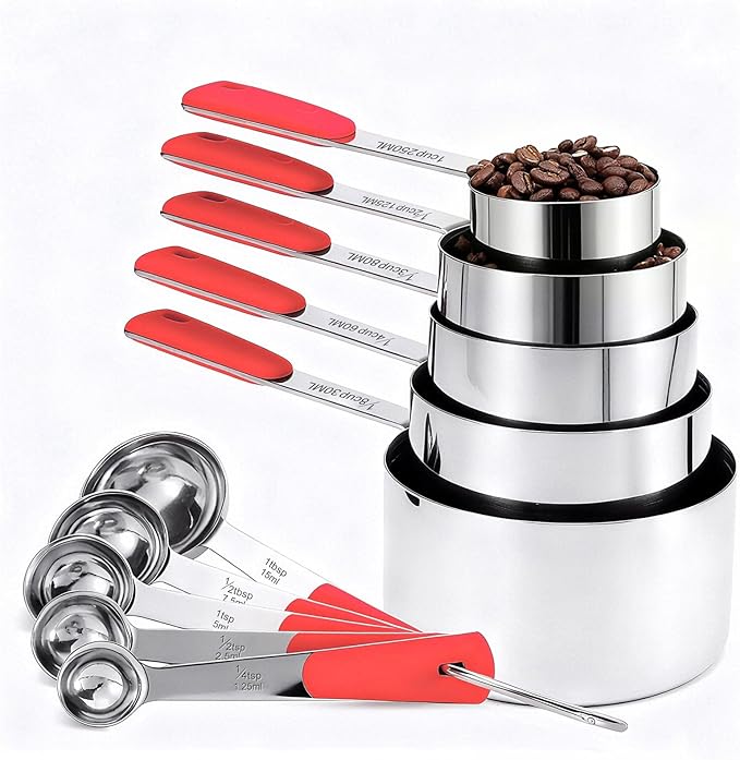 Bopei Measuring Cups and Spoons Set Stainless Steel 10 Piece for Cooking and Baking (5 Cups + 5 Spoons, Red Handle) by Bopei