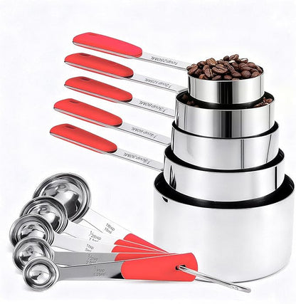 Bopei Measuring Cups and Spoons Set Stainless Steel 10 Piece for Cooking and Baking (5 Cups + 5 Spoons, Red Handle) by Bopei
