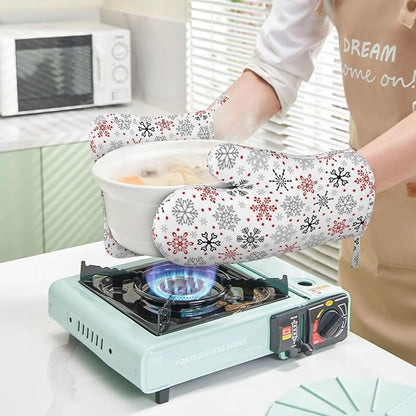 Christmas Winter Snowflake Oven Mitts and Pot Holders Set, 4pcs Silicone Christmas Snowflakes Oven Glove for Kitchen Heat Resistant Oven Mitts and Potholders Non-Slip for Cooking