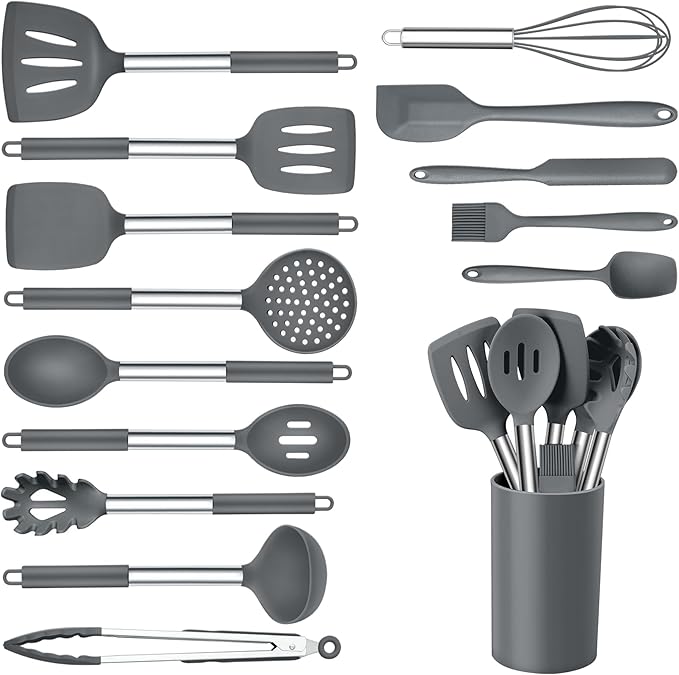 Onader Kitchen Cooking Utensils Set of 15, Silicone and Stainless Steel Utensils Spatula Set with Holder, Heat Resistant & Dishwasher Safe - Grey by Onader