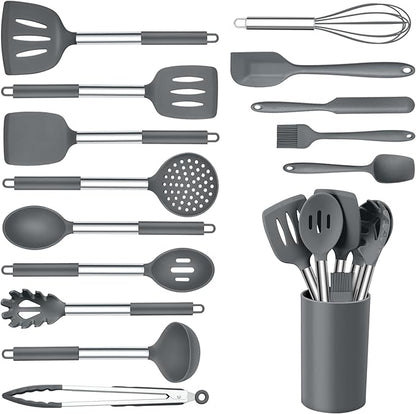 Onader Kitchen Cooking Utensils Set of 15, Silicone and Stainless Steel Utensils Spatula Set with Holder, Heat Resistant & Dishwasher Safe - Grey by Onader