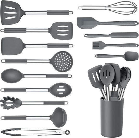 Onader Kitchen Cooking Utensils Set of 15, Silicone and Stainless Steel Utensils Spatula Set with Holder, Heat Resistant & Dishwasher Safe - Grey by Onader
