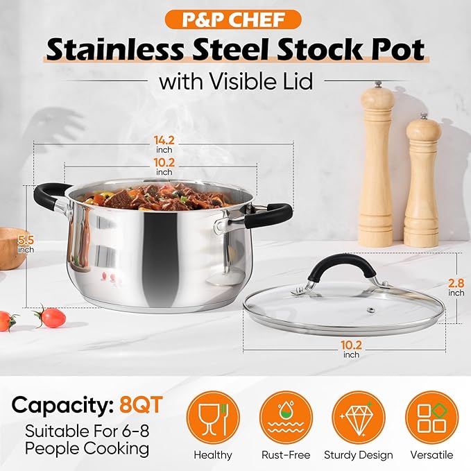 P&P CHEF Stainless Steel Stock Pot, 8 Qt Cooking Soup Pot with Visible Lid for Pasta, Tri-Ply Bottom & Dual Heatproof Handles, For Induction Gas All Stoves, Non-Toxic & Dishwasher Safe - Image 2