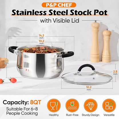 P&P CHEF Stainless Steel Stock Pot, 8 Qt Cooking Soup Pot with Visible Lid for Pasta, Tri-Ply Bottom & Dual Heatproof Handles, For Induction Gas All Stoves, Non-Toxic & Dishwasher Safe - Image 2