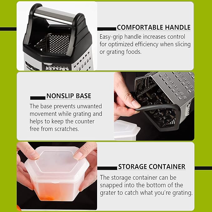Box Grater, Cheese Grater Shredder Stainless Steel with 6 Sides, Best for Parmesan Cheese, Vegetables, Potatoes, Carrot, Ginger, Mandoline Vegetable Slicer with Detachable Container, Silver
