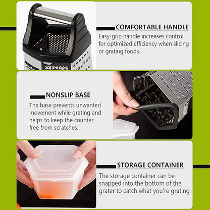 Box Grater, Cheese Grater Shredder Stainless Steel with 6 Sides, Best for Parmesan Cheese, Vegetables, Potatoes, Carrot, Ginger, Mandoline Vegetable Slicer with Detachable Container, Silver