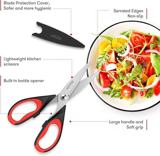 iBayam Kitchen Scissors All Purpose Heavy Duty 2 Pack with Protective Sheath, Stainless Steel Shears Kitchen Utensils Set for Cutting Food Cooking Meat Poultry Dishwasher Safe Soft Comfort-Grip - Image 7