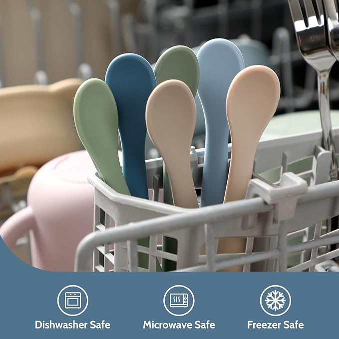 6 Piece Silicone Baby Feeding Spoons, First Stage Infant Soft-Tip Easy on Gums, Training Spoon Self-feeding, Utensils Supplies, Dishwasher & Boil-proof - Blue - Image 6