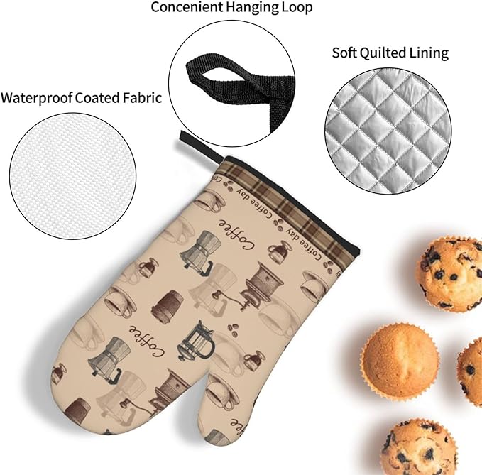 Vintage Coffee Themed Oven Mitts Heat Resistant,Vintage Pot Holder and Oven Mitts Set of 3 for Baking Cooking Grilling BBQ,Housewarming Gifts & Baking Gifts for Women Coffee Lover