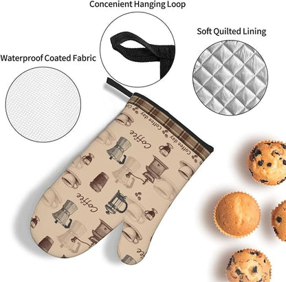 Vintage Coffee Themed Oven Mitts Heat Resistant,Vintage Pot Holder and Oven Mitts Set of 3 for Baking Cooking Grilling BBQ,Housewarming Gifts & Baking Gifts for Women Coffee Lover