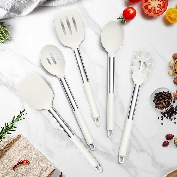 TeamFar Cooking Utensils Set, 5 Pcs Silicone Kitchen Utensils with Stainless Steel Handle, for Nonstick Cookware Flipping Frying Turning Draining, Heatproof & Healthy, Healthy & Easy Clean, White - Image 7