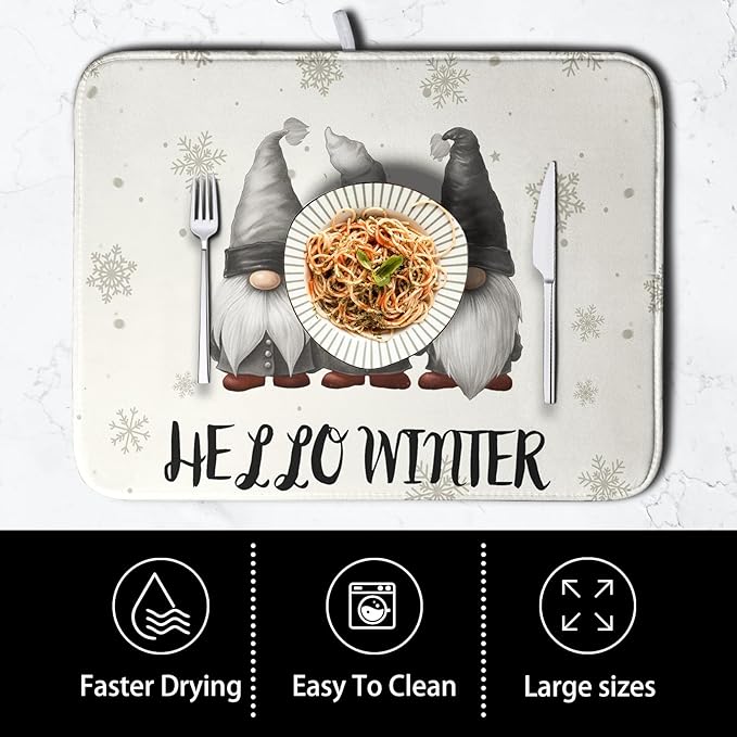 Winter Gnome Dish Drying Mat for Kitchen Counter 18x24 Christmas Snowflakes Santa Kitchen Drying Mat Hello Winter Dish Drainer Mat Super Absorbent Dish Rack Mat for Coffee Bar Countertop - Image 4